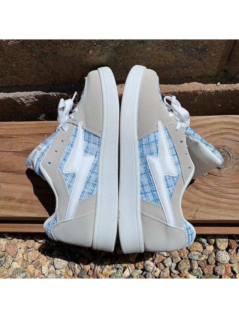 Y2k style Skater Streetwear Light Blue Plaid with White lightning bolt grey - Picture 6 of 8
